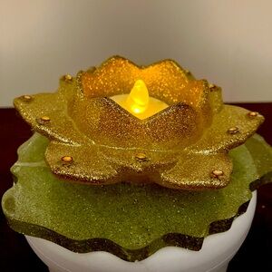 Lotus Blossom Tea Light Holder on Lily Pad Golden Resin Candle Decor